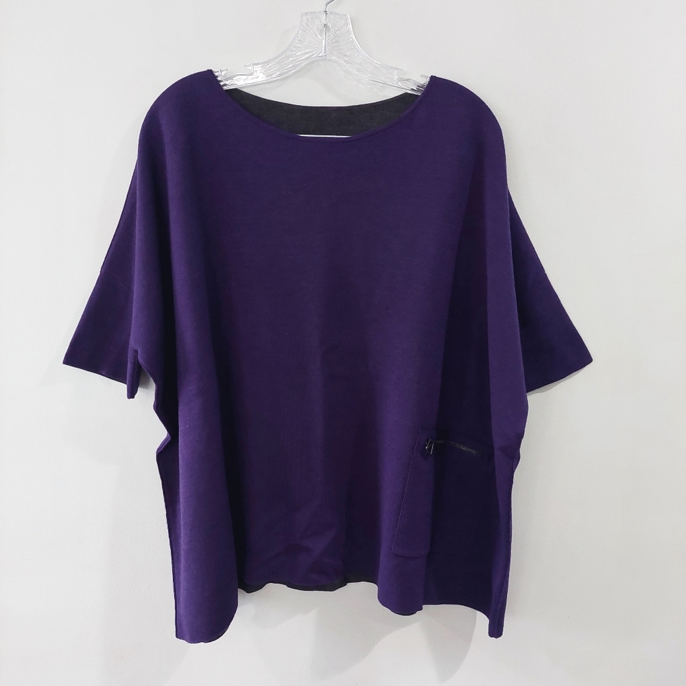 Akris Sweater Cashmere Silk Blend Purple Size 10 Boat Neck Short Sleeve Pockets